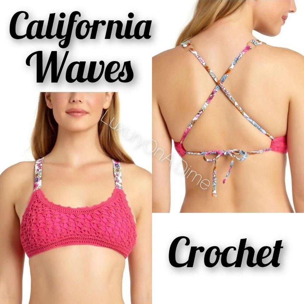 California Waves Large Bikini Top Neon Pink Retro Knit Crochet Bralette Swimwear - Picture 11 of 12